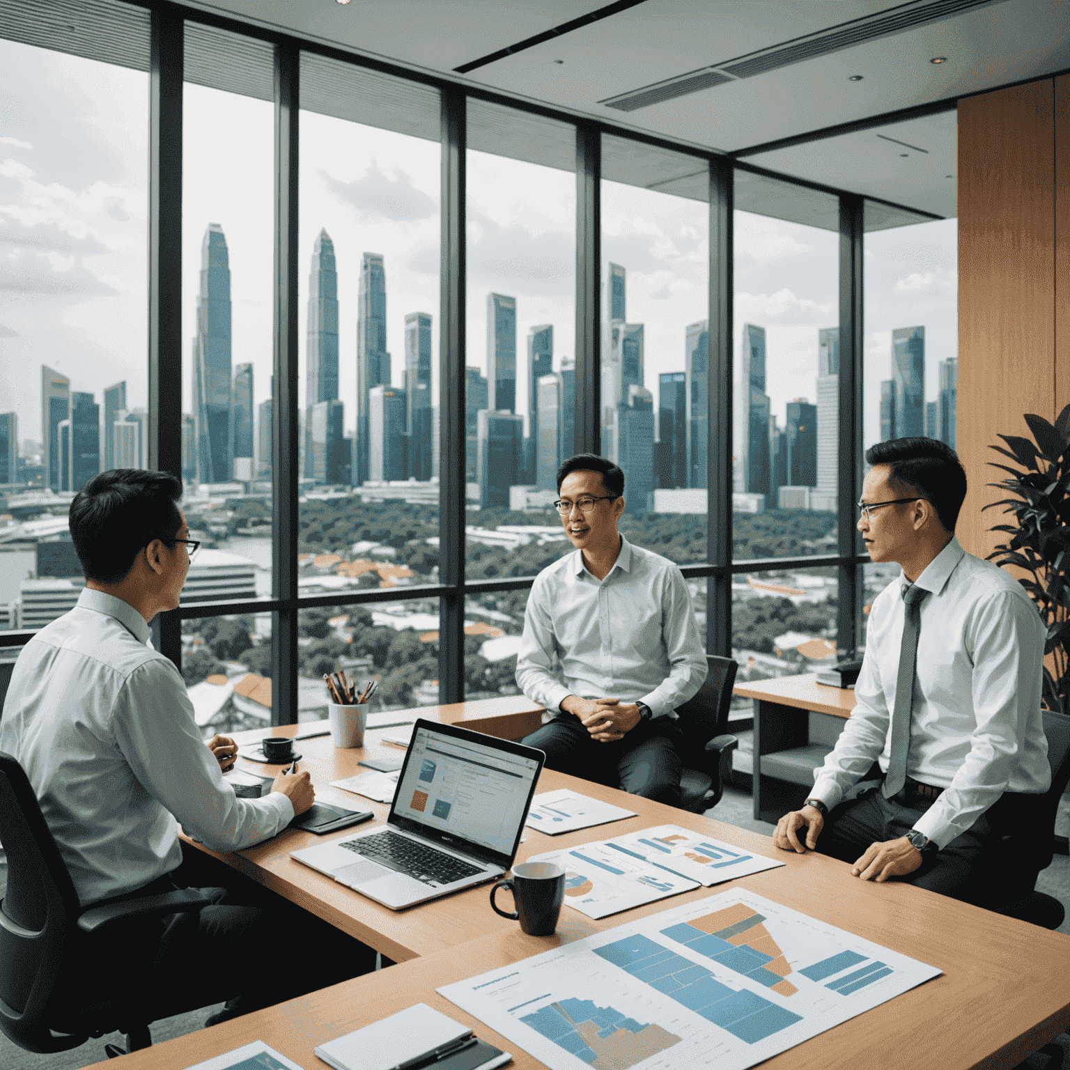 A diverse group of urban planners and economists discussing public investment strategies in a modern office setting, with Singapore's skyline visible through large windows