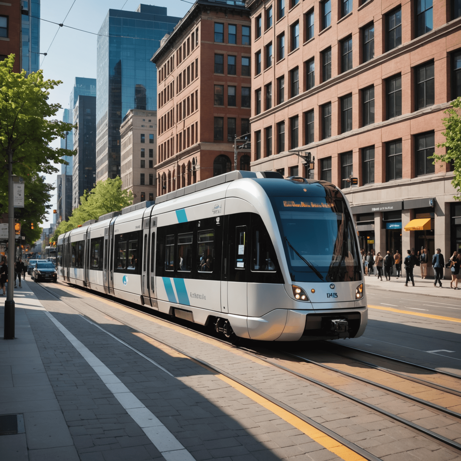 A modern light rail train passing through a bustling city center, showcasing the integration of public transit in urban development