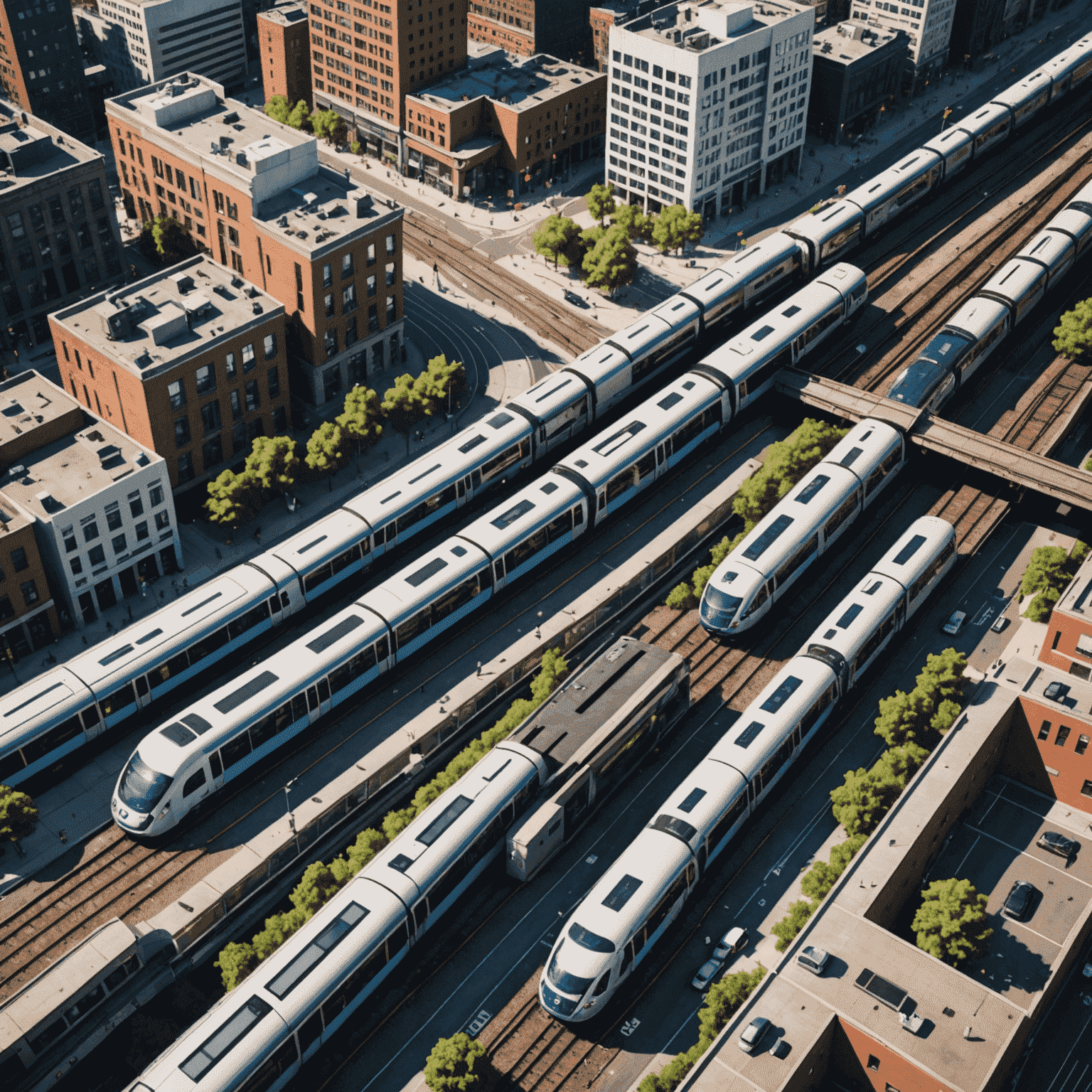 Aerial view of a modern city with intricate public transit systems, showing trains, buses, and bike lanes interweaving through urban development