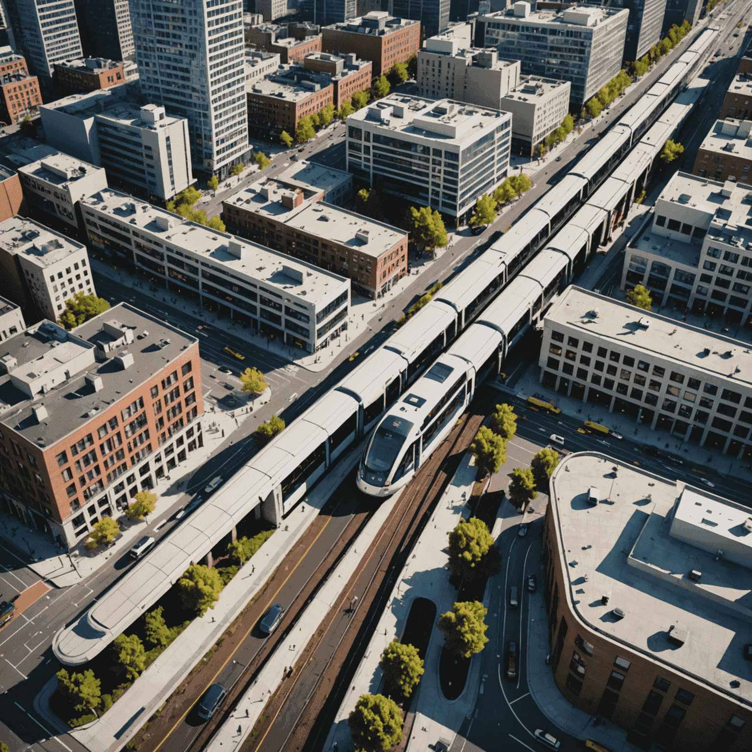 Aerial view of a modern city with an extensive public transit system, including light rail, buses, and bike lanes integrated into the urban landscape