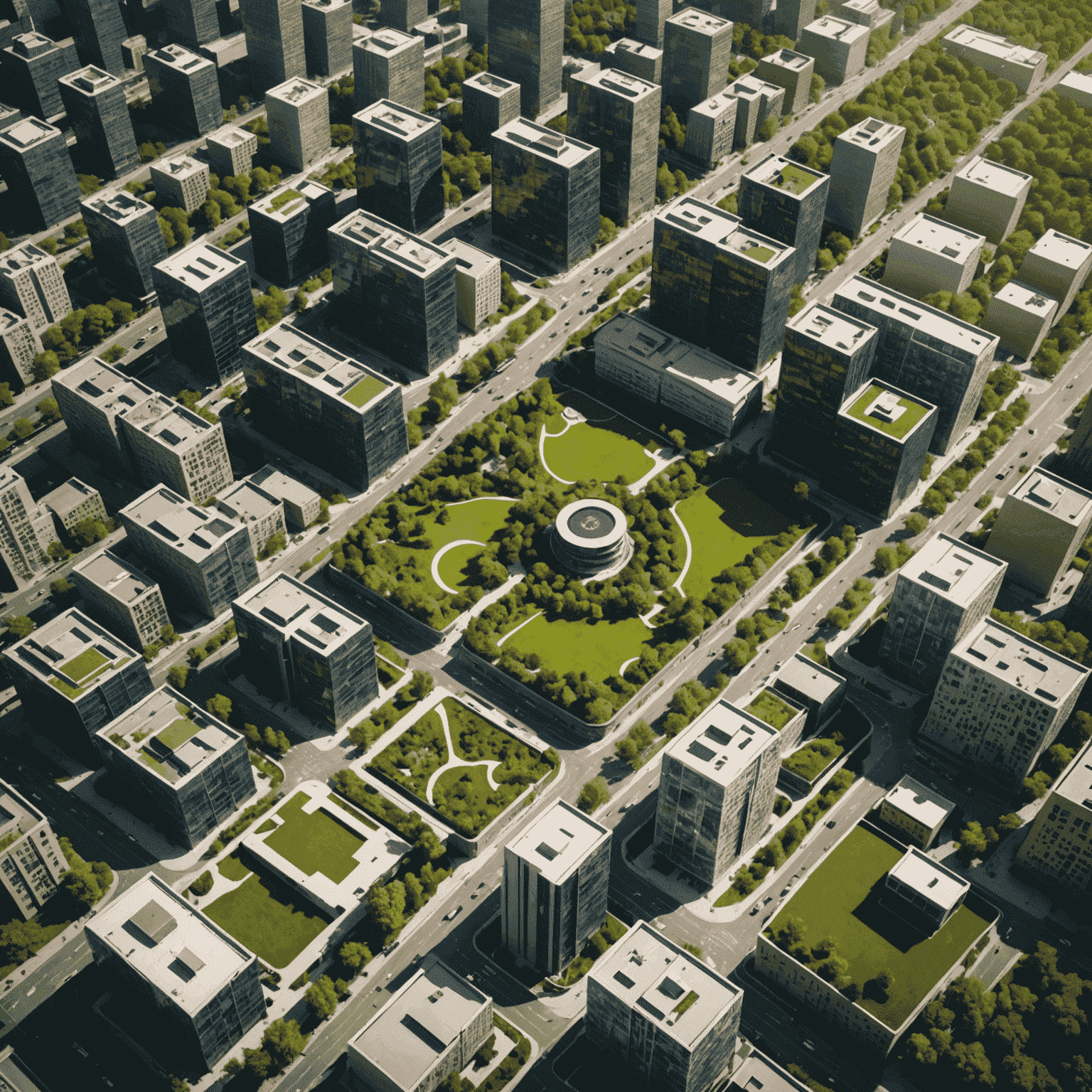 Aerial view of a modern city with extensive green spaces, including parks, green roofs, and tree-lined streets, showcasing urban green infrastructure