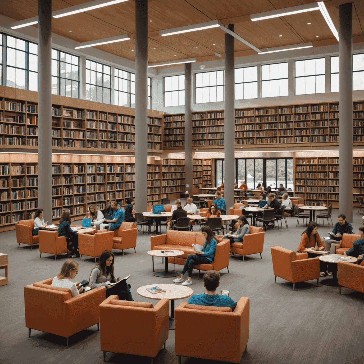 A modern public library with people of all ages reading, using computers, and engaging in group activities. The library has open spaces, comfortable seating, and well-stocked bookshelves.