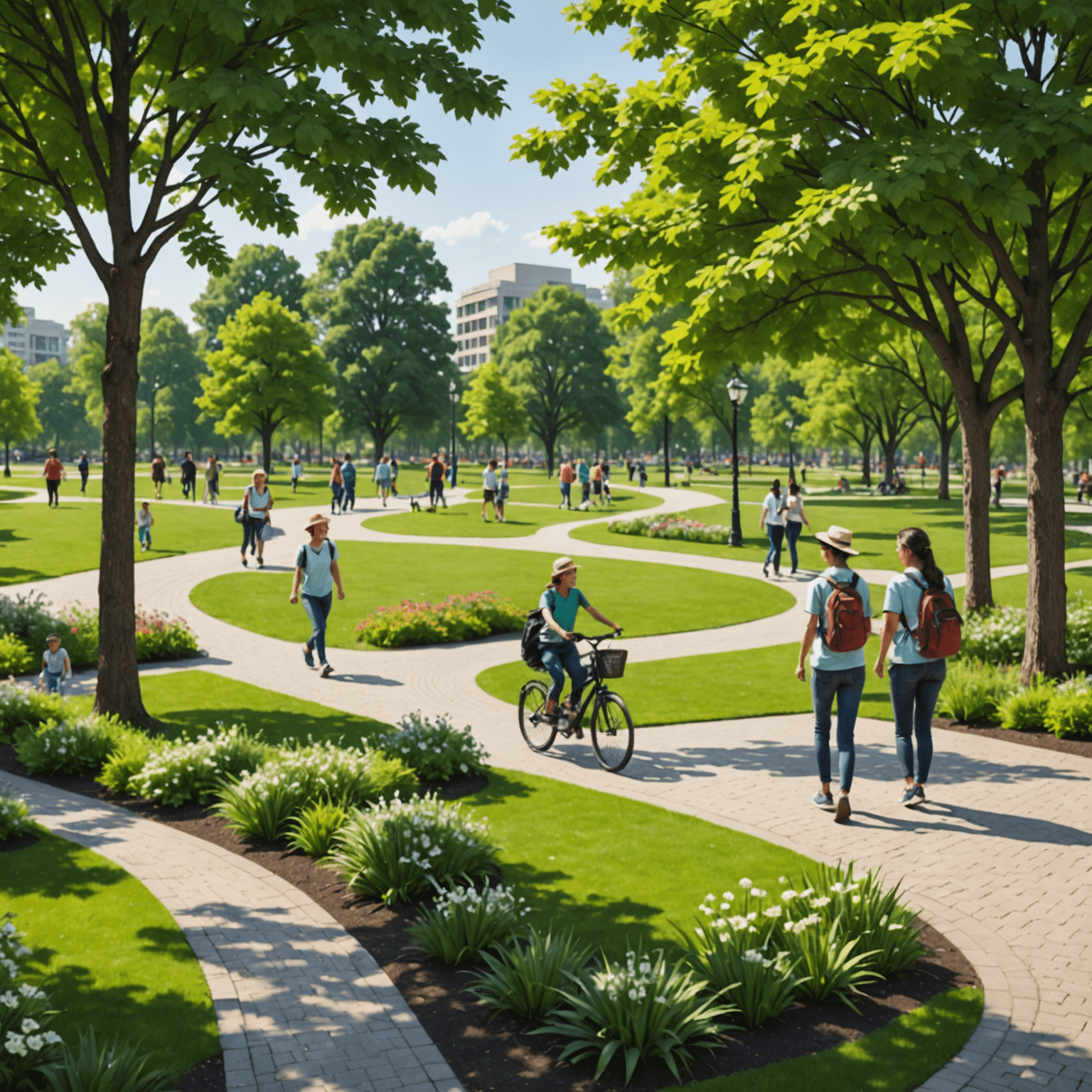 A well-maintained public park with green spaces, walking paths, and recreational facilities. Families and individuals are seen enjoying various activities.