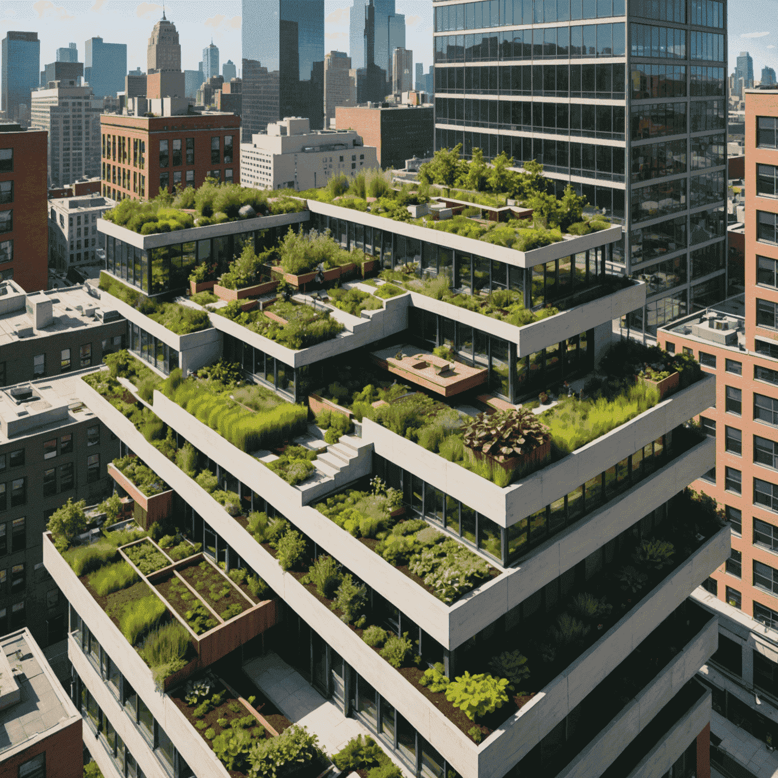 A green rooftop garden on a city building, illustrating sustainable urban development and eco-friendly public investments