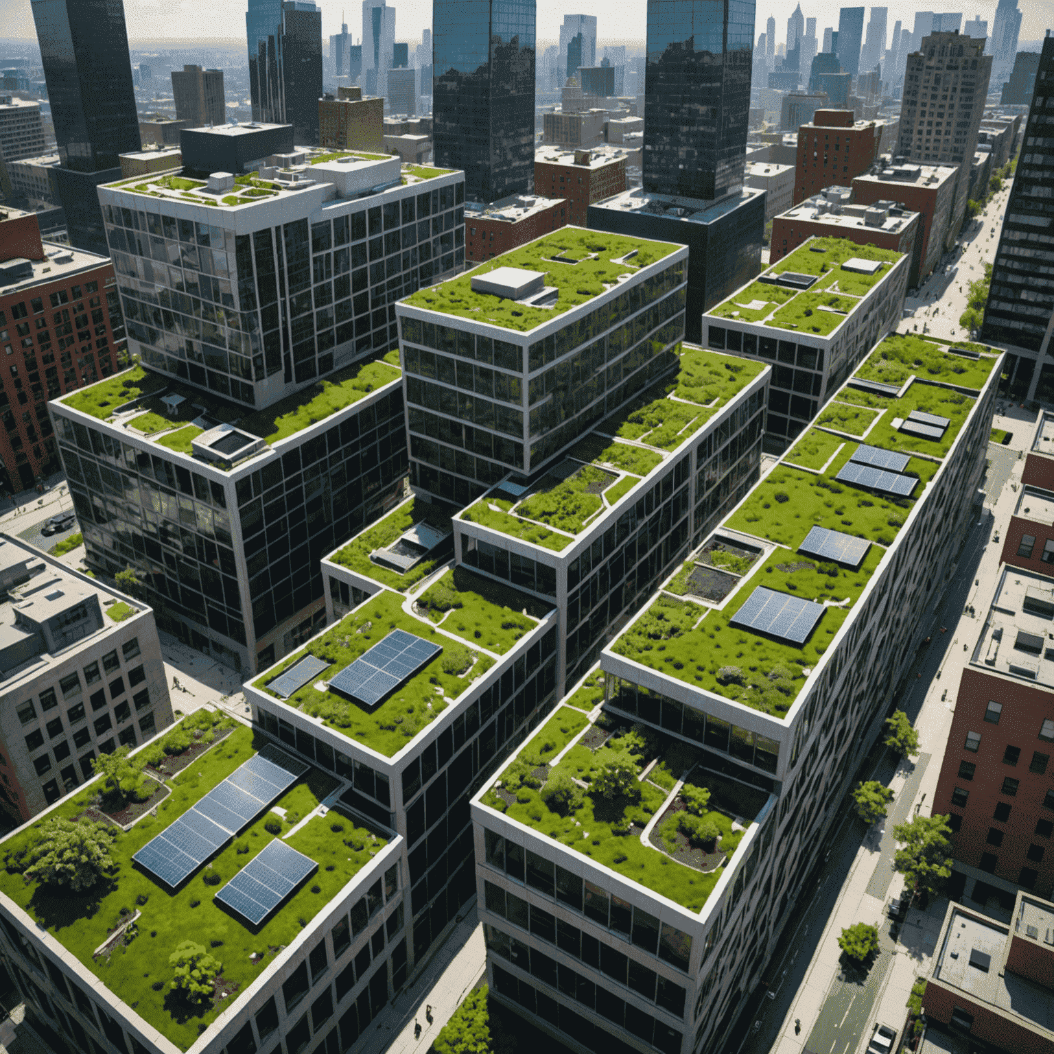 Urban landscape featuring green roofs, solar panels, and sustainable water management systems integrated into city architecture