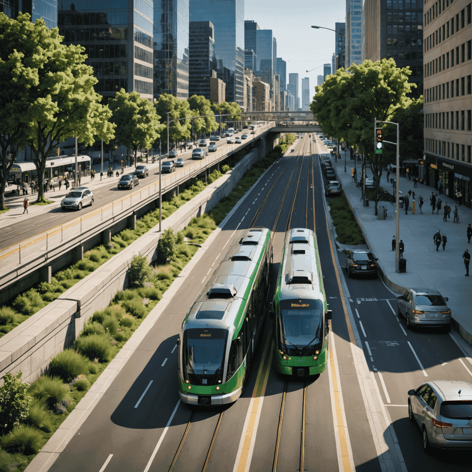 Side-by-side comparison of a congested highway versus a clean, efficient light rail system running through a green urban corridor