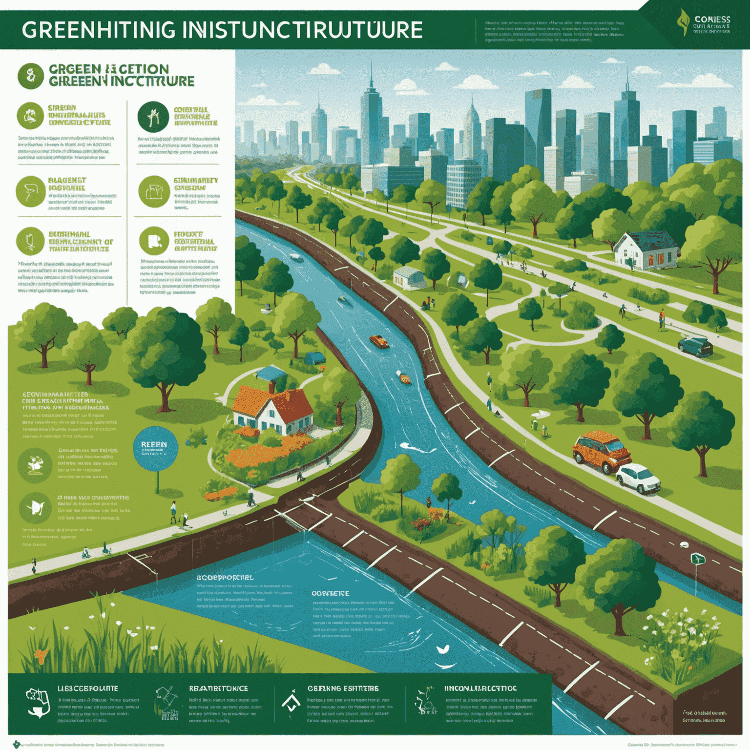 Infographic showing the multiple benefits of green infrastructure, including environmental, economic, and social advantages