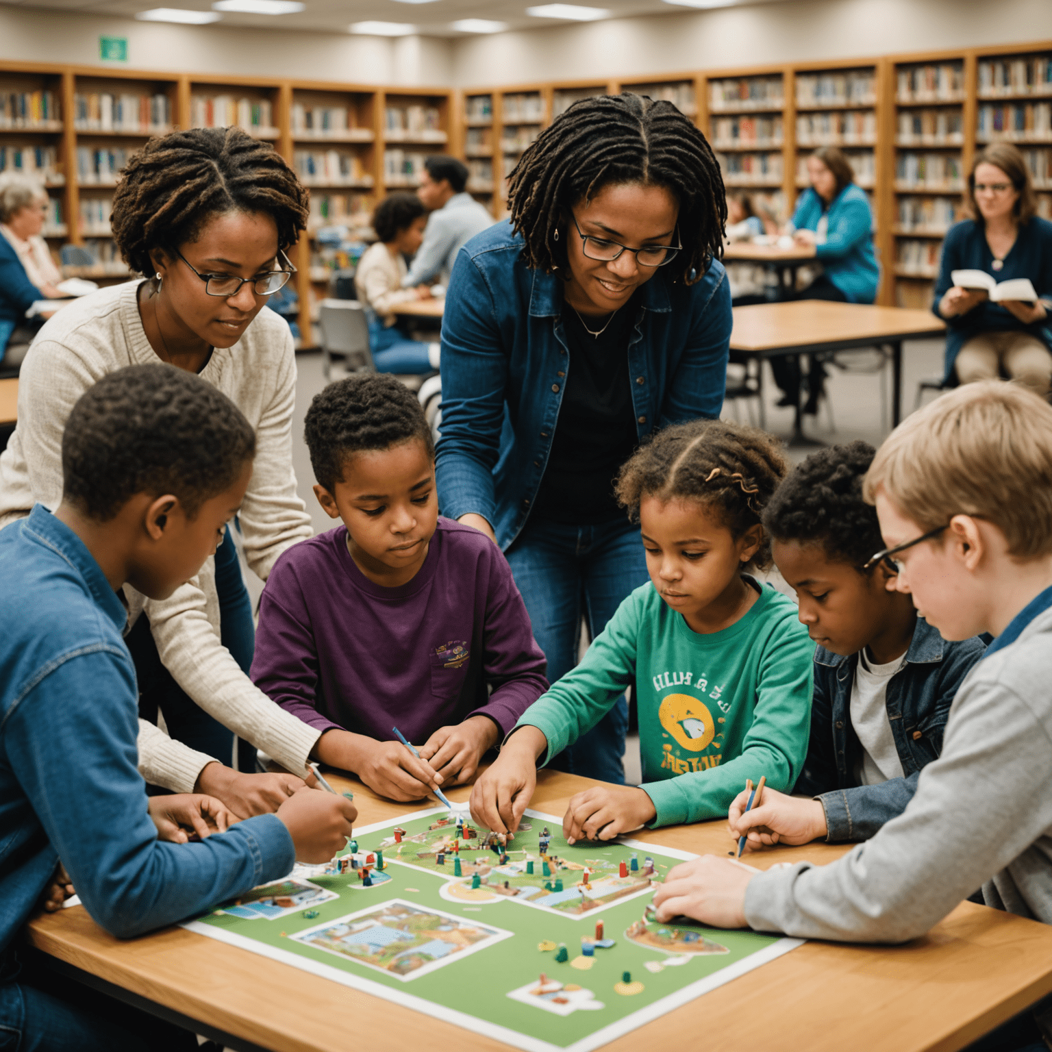 A diverse group of people participating in a community workshop at a public library. The scene shows adults and children engaged in hands-on learning activities, with library staff facilitating.