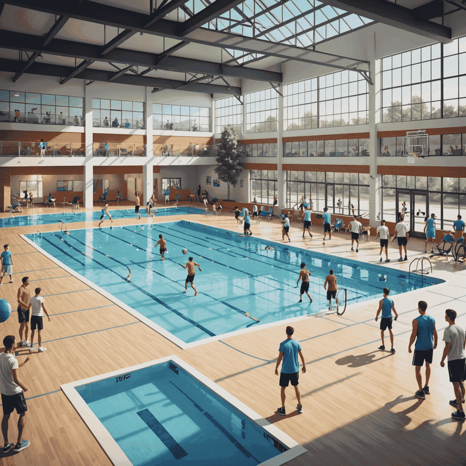 A modern community center with various recreational facilities including a swimming pool, basketball court, and fitness area. People of different ages are seen participating in activities.