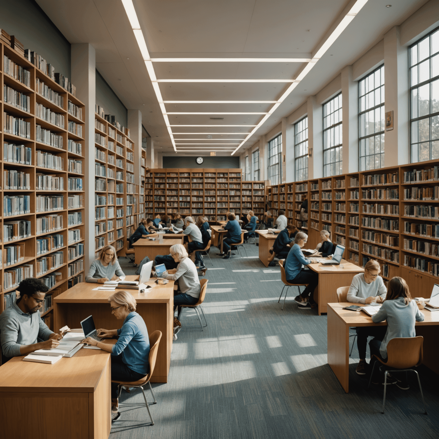 A modern public library interior with people of various ages engaged in reading and using computers, emphasizing community learning