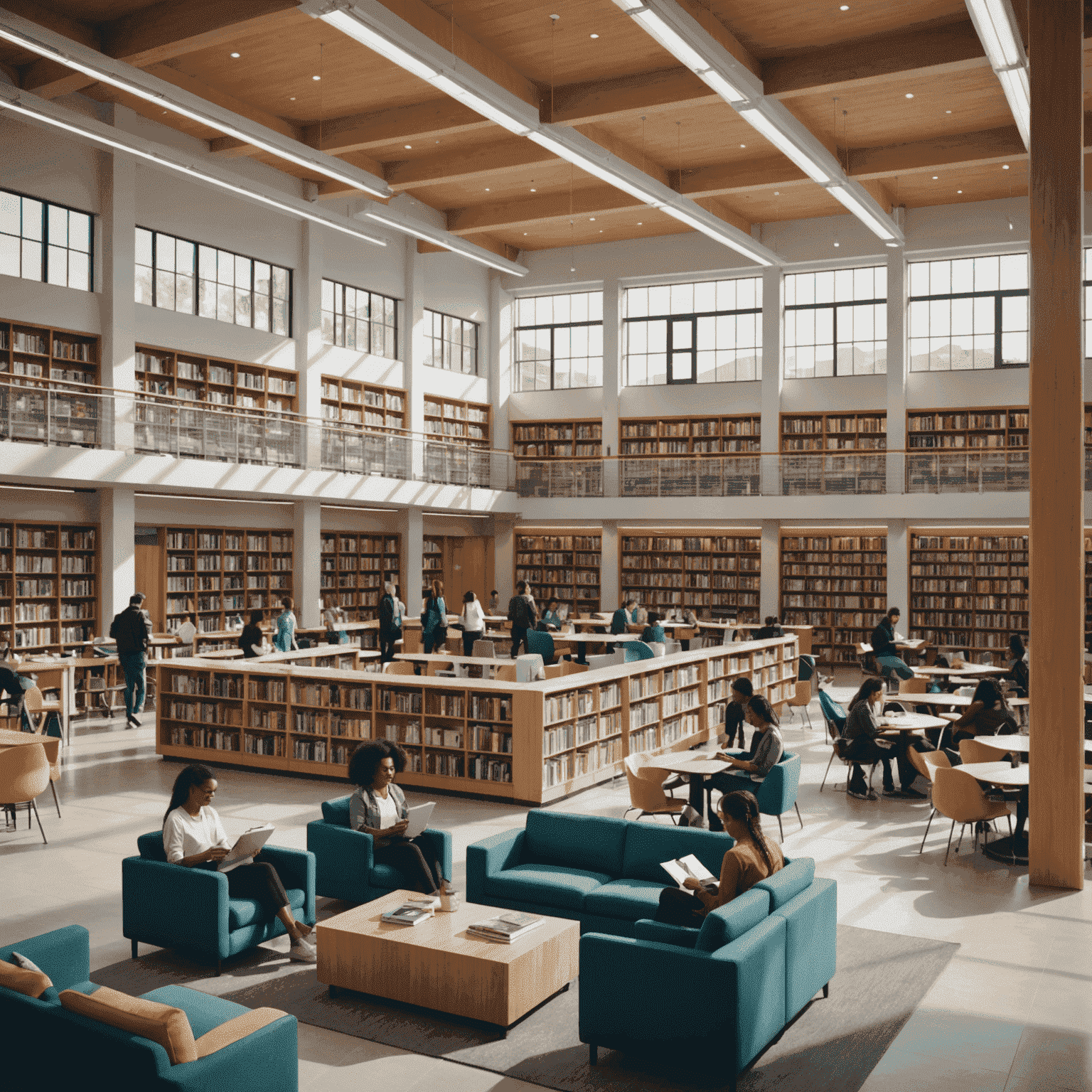 Interior of a modern public library with diverse groups of people engaged in reading, studying, and using digital resources