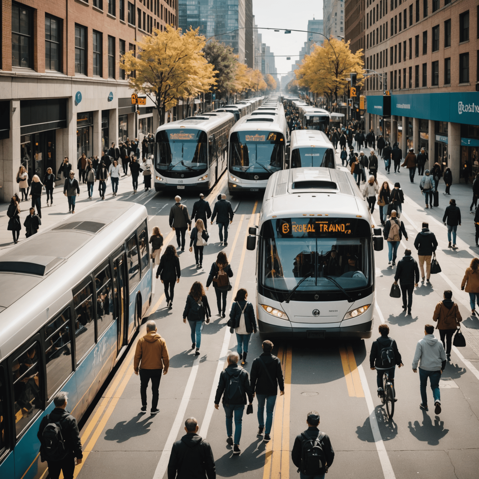 A diverse group of people using various forms of public transit, including buses, trains, and bike-sharing systems, in a clean urban environment