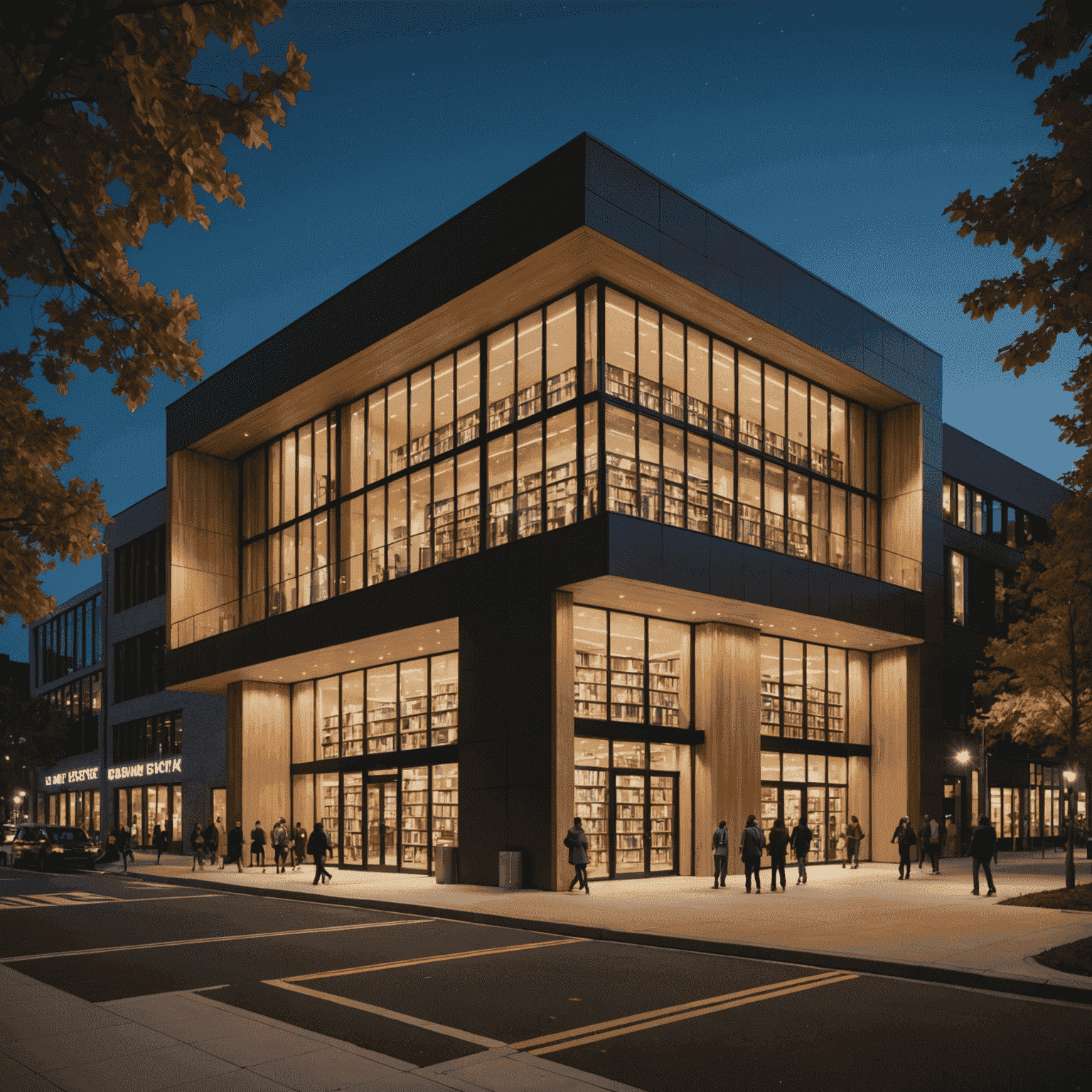 A modern library exterior at night, illuminated and bustling with activity. The building's architecture is inviting, with large windows showcasing the vibrant interior filled with people and resources.