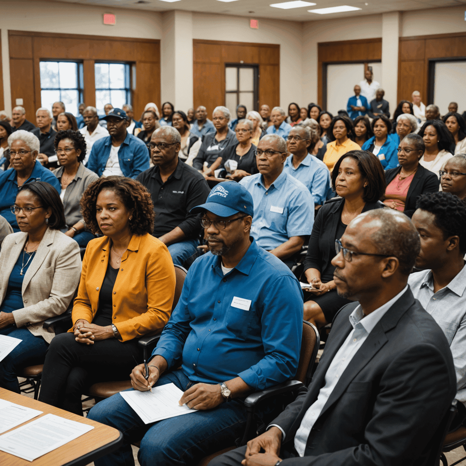 A diverse group of community members participating in a town hall meeting, discussing plans for new park developments and recreational facilities.