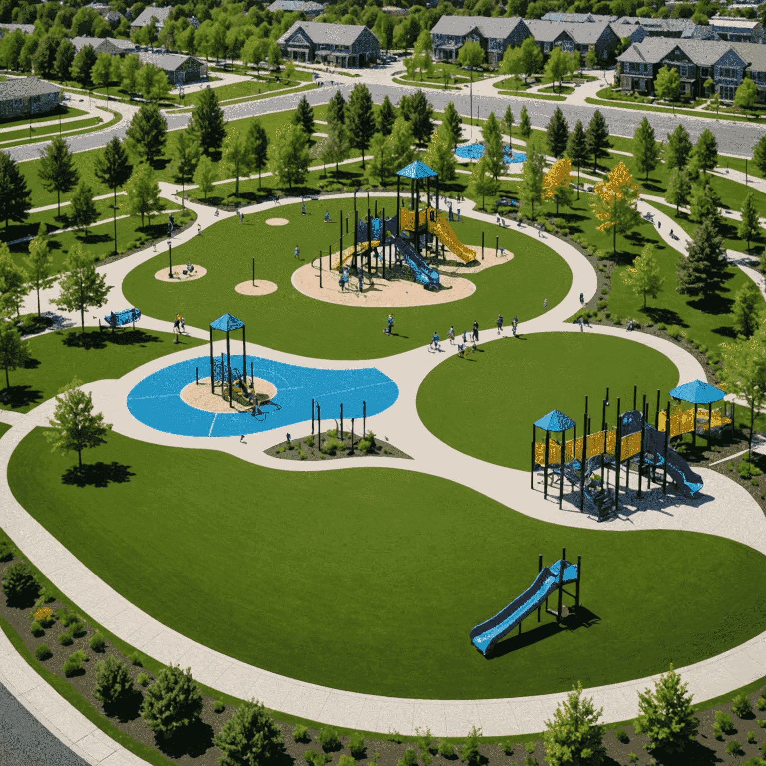 Vibrant city park with diverse recreational facilities, including playgrounds, sports fields, and community gathering spaces